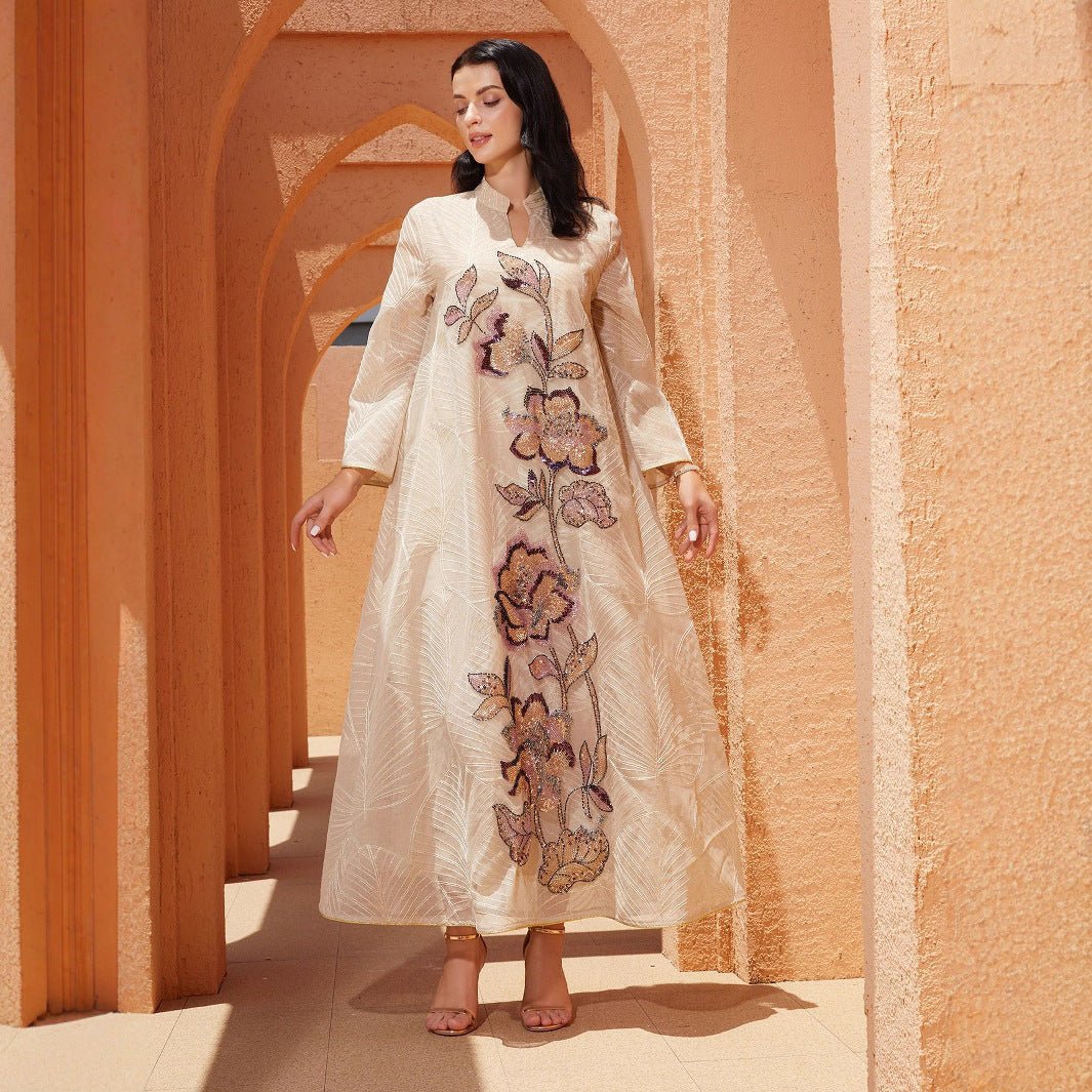 Embroidered Organza Abaya with Sequin Appliqués | Collared Floral Gown (MA373)