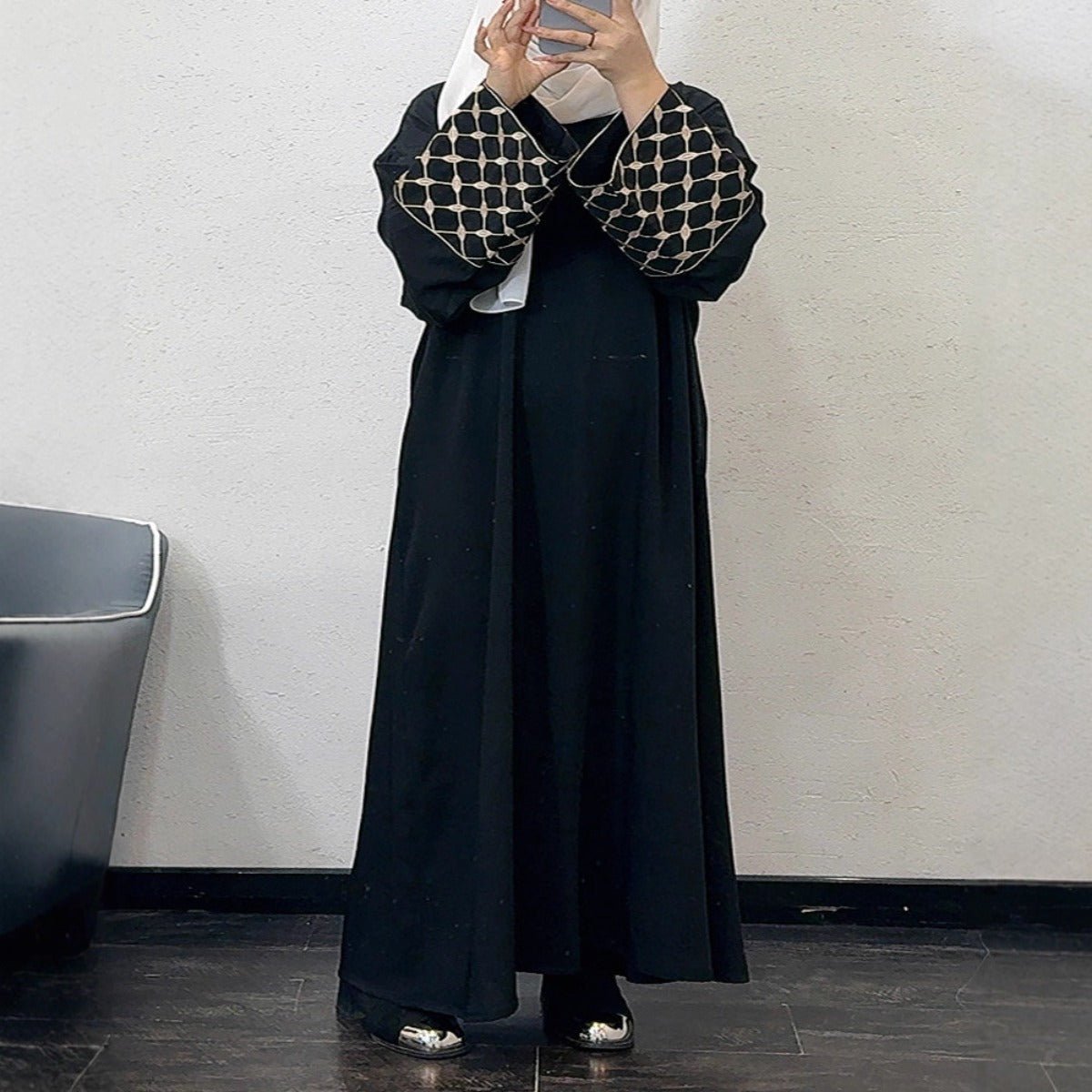Embroidered Pattern Abaya Robe Dress - Modest Muslim Long Sleeve Maxi with Detachable Belt(MA272)