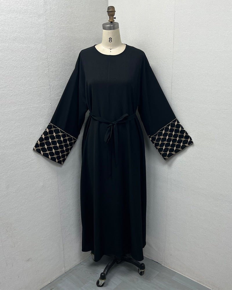 Embroidered Pattern Abaya Robe Dress - Modest Muslim Long Sleeve Maxi with Detachable Belt(MA272)