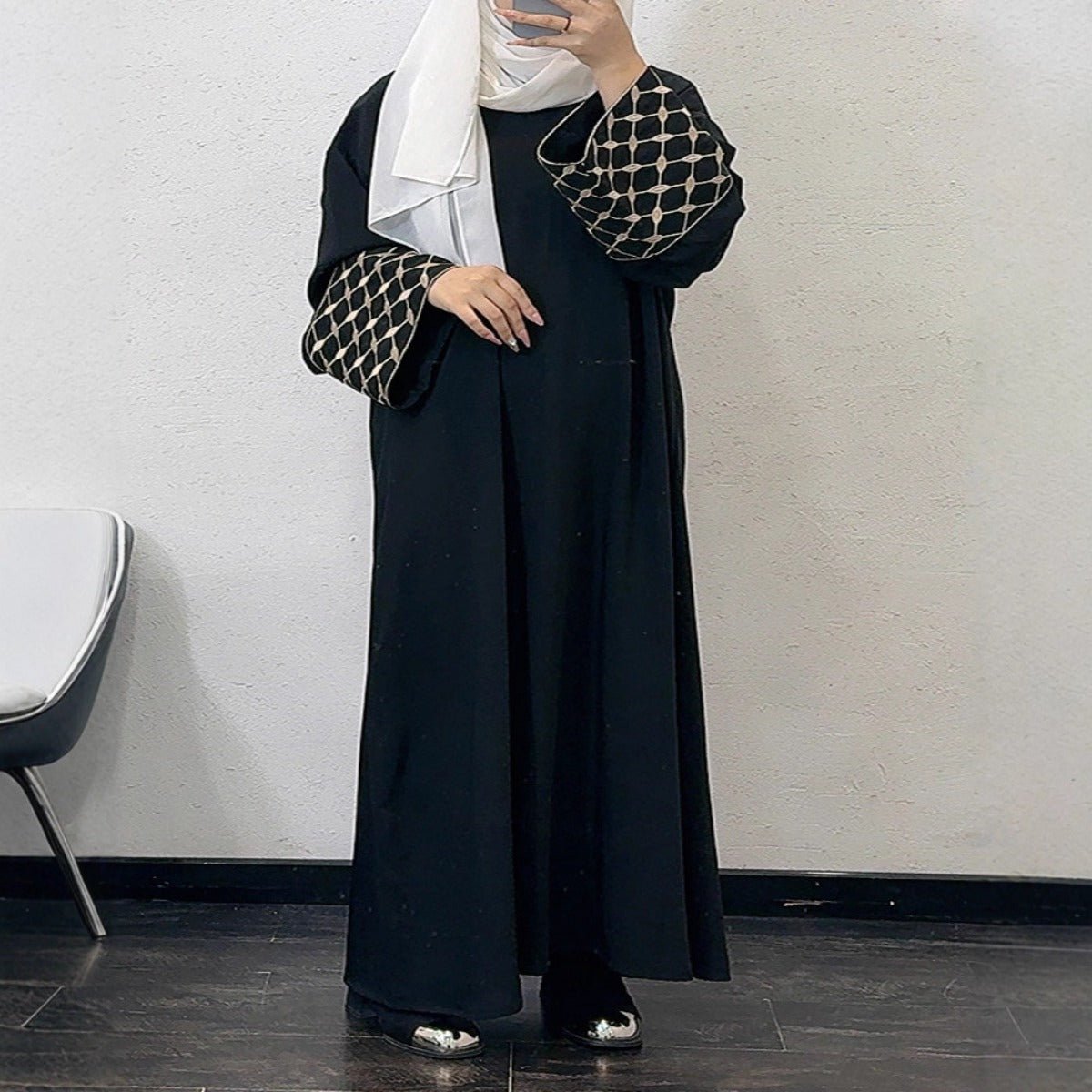 Embroidered Pattern Abaya Robe Dress - Modest Muslim Long Sleeve Maxi with Detachable Belt(MA272)