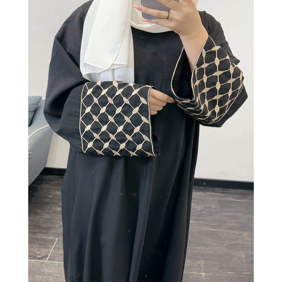 Embroidered Pattern Abaya Robe Dress - Modest Muslim Long Sleeve Maxi with Detachable Belt(MA272)