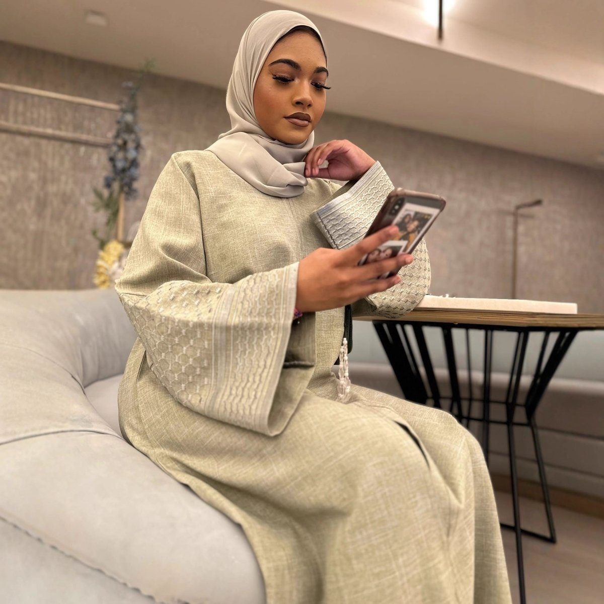Embroidered Sleeve Abaya | Textured Open-Front Cardigan with Bell Sleeves (MOA263)
