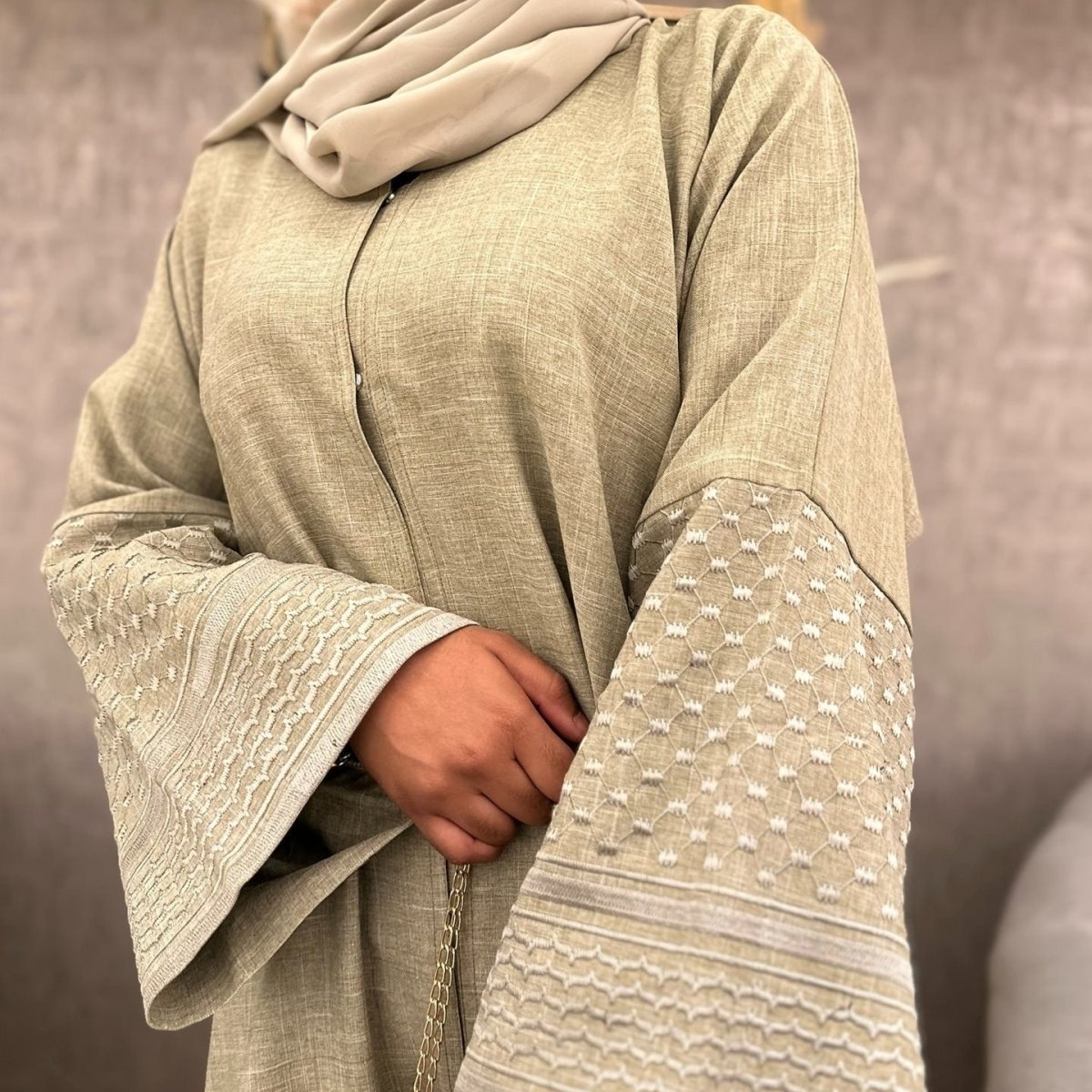 Embroidered Sleeve Abaya | Textured Open-Front Cardigan with Bell Sleeves (MOA263)