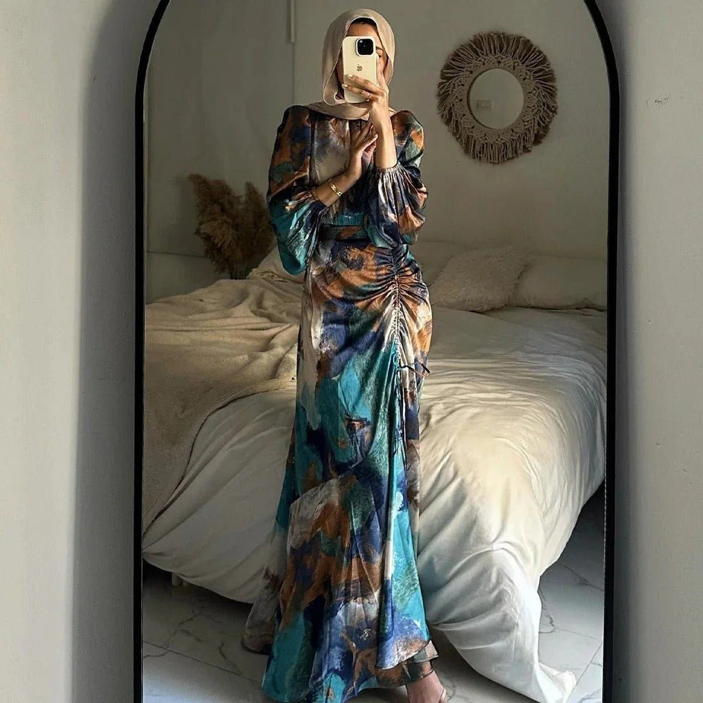 Exotic Print Pleated Bell Sleeve Abaya (MA166)