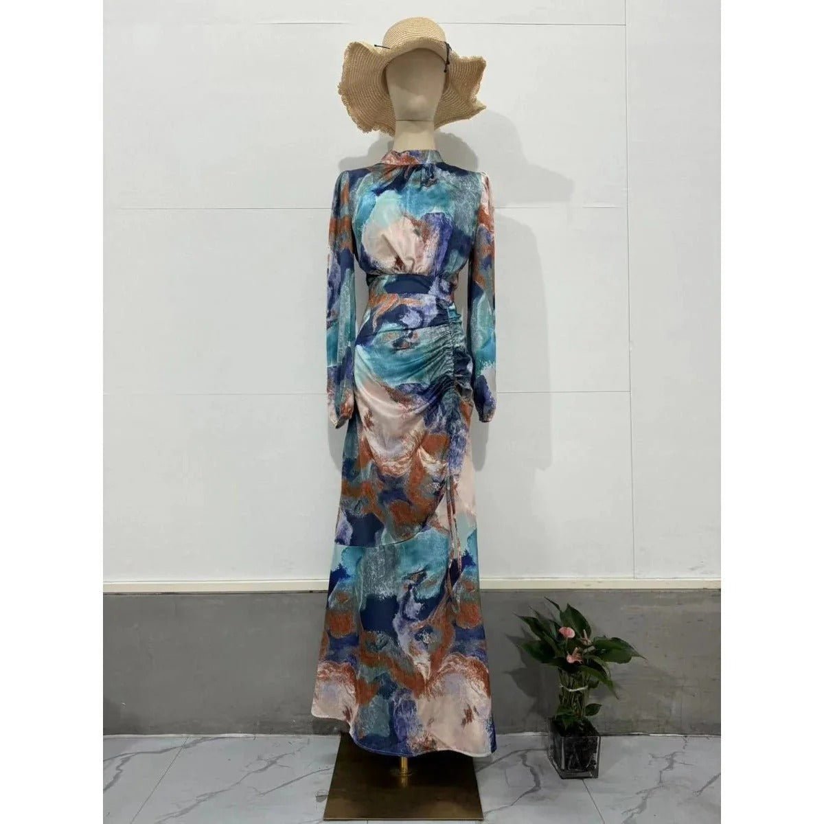 Exotic Print Pleated Bell Sleeve Abaya (MA166)