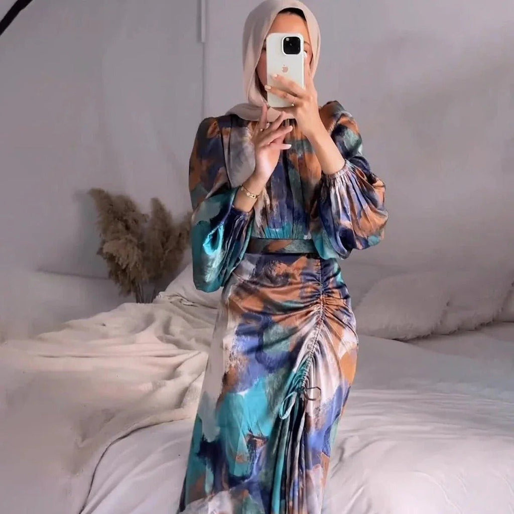 Exotic Print Pleated Bell Sleeve Abaya (MA166)