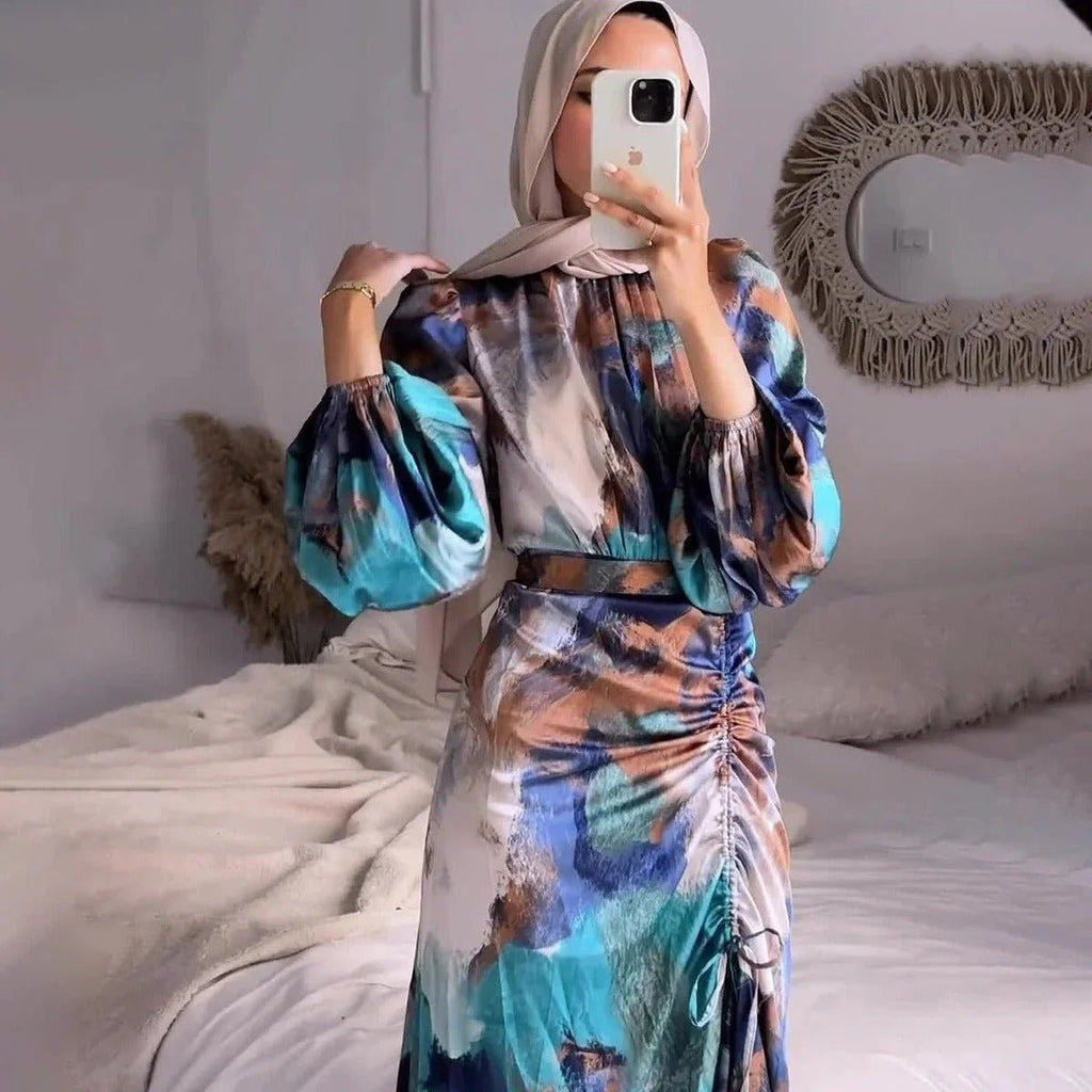 Exotic Print Pleated Bell Sleeve Abaya (MA166)
