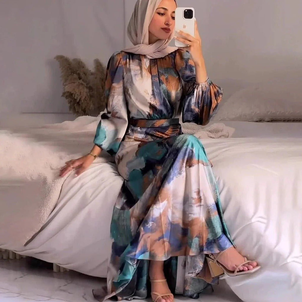 Exotic Print Pleated Bell Sleeve Abaya (MA166)