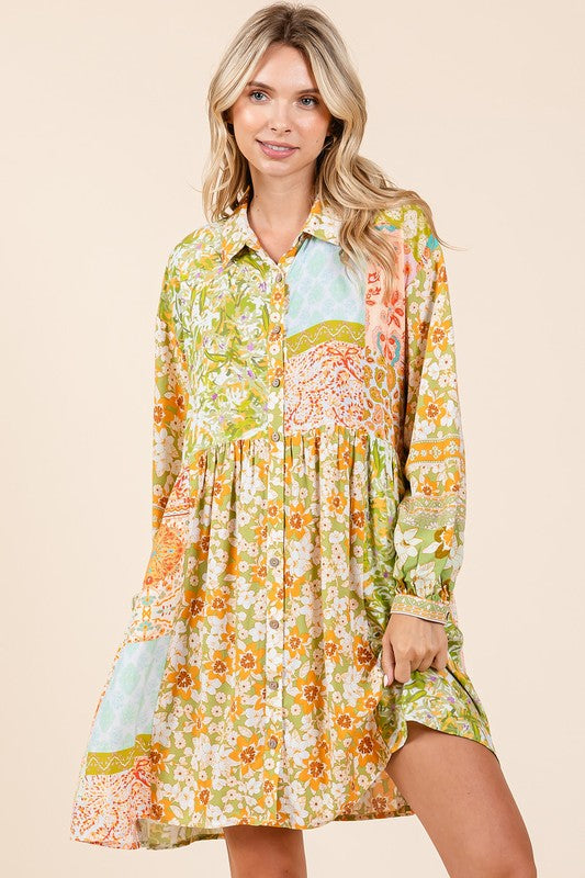 New Summer Floral Button Detail Long Sleeve Shirt Dress For Women – Elegant, Trendy, Fluttering, Feminine & Timeless Chic