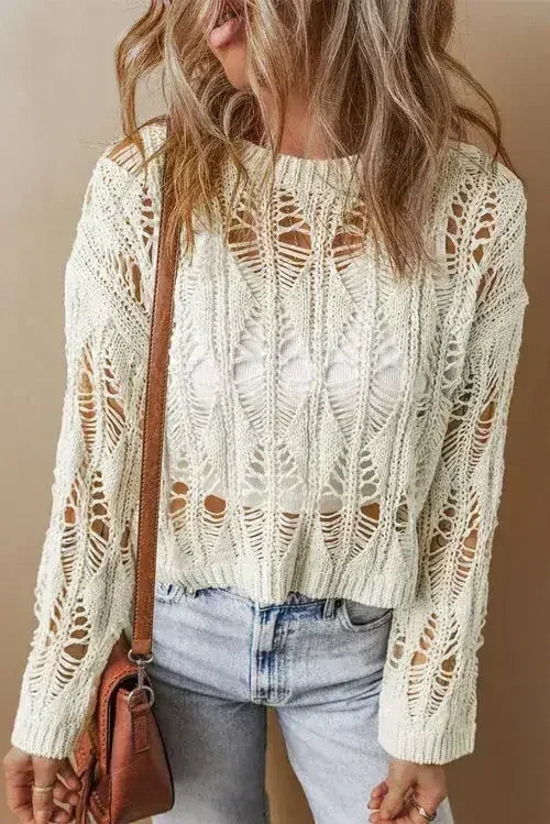 White Crochet Crew Neck Sweater - Loose Fit & High Elasticity | Femstylo