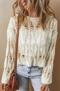 White Crochet Crew Neck Sweater - Loose Fit & High Elasticity | Femstylo
