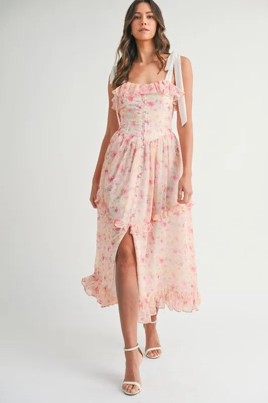 Floral Printed Shoulder Strap Midi Dress For Women – Floral Midi Dress, Shoulder Strap Dress, Ruffled Midi Dress, Feminine Floral Dress, Elegant Occasion Dress