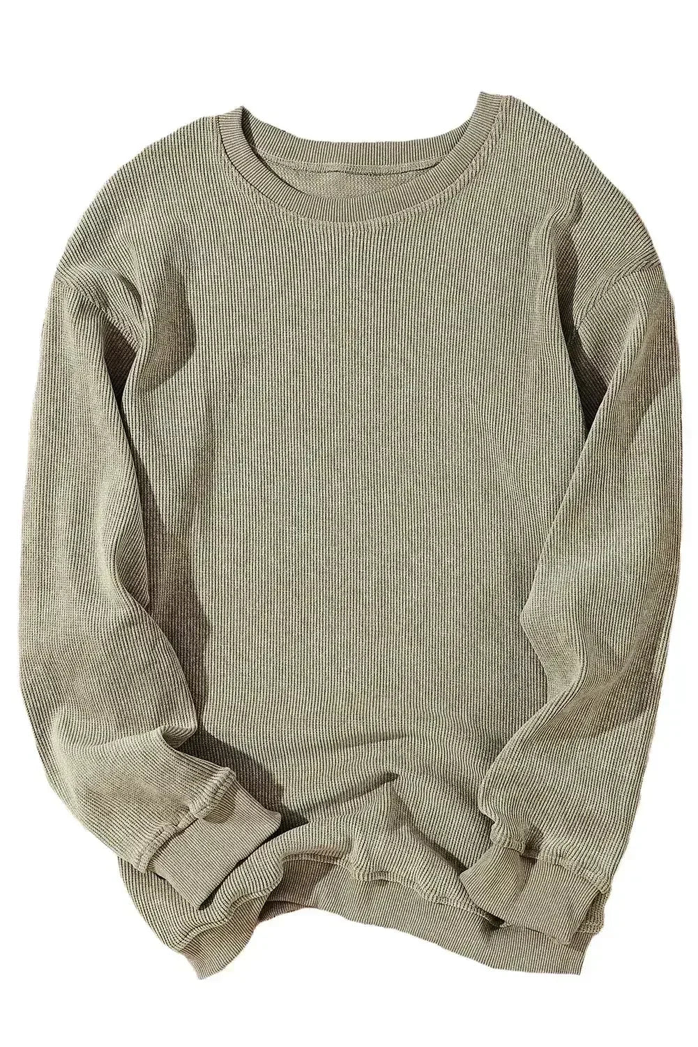 Green Ribbed Knit Sweatshirt - Round Neck Pullover | Femstylo