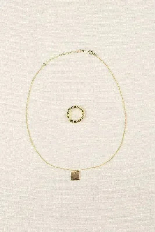 Gold Twisted Ring & Square Pendant Necklace Set - Nickel-Free