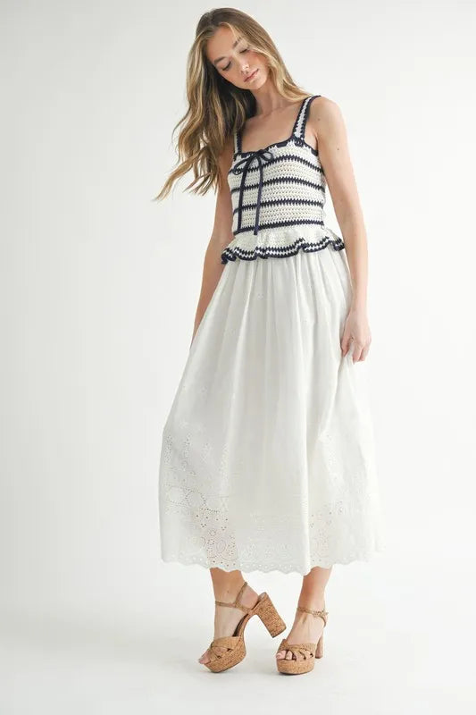 Crochet Stripe Knit Eyelet Mix Midi Dress – Crochet Midi Dress, Stripe Knit Dress, Eyelet Mix Dress, Trendy Midi Dress, Versatile Midi Dress