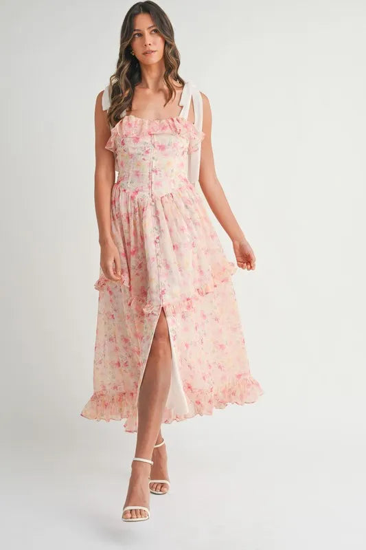 Floral Printed Shoulder Strap Midi Dress For Women – Floral Midi Dress, Shoulder Strap Dress, Ruffled Midi Dress, Feminine Floral Dress, Elegant Occasion Dress