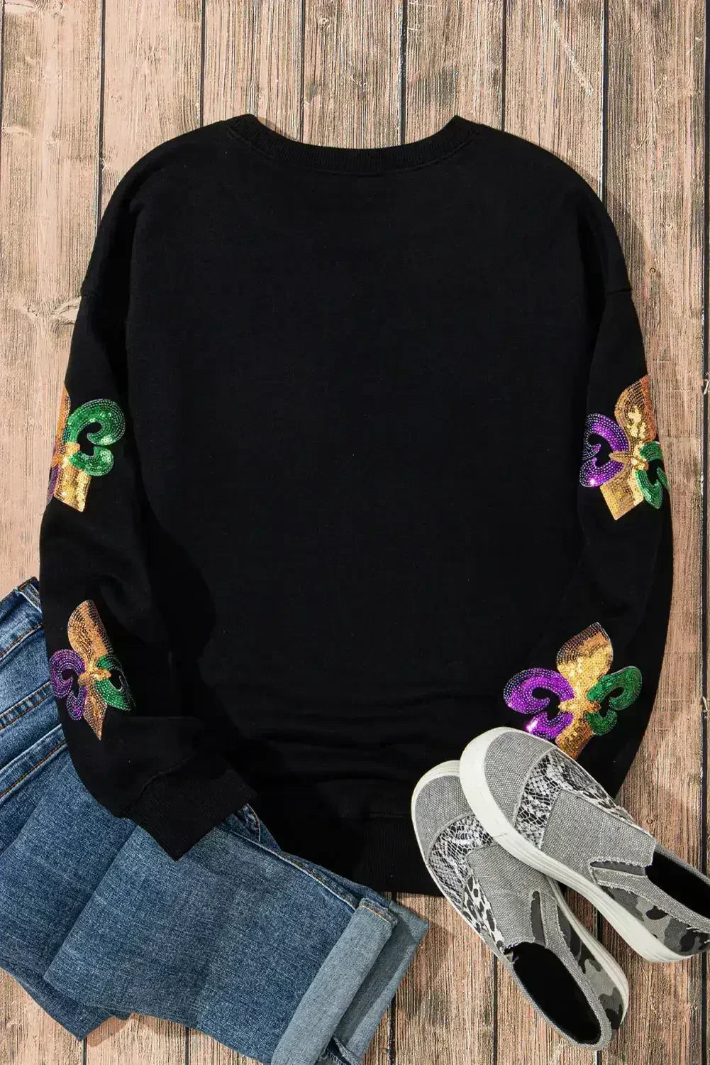 White Sequin MARDI GRAS Graphic Pullover Sweatshirt