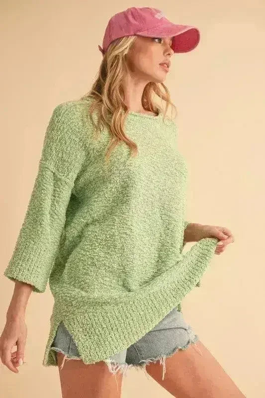 Ribbed Hem Sweater - Side Slit Round Neck Pullover | Femstylo