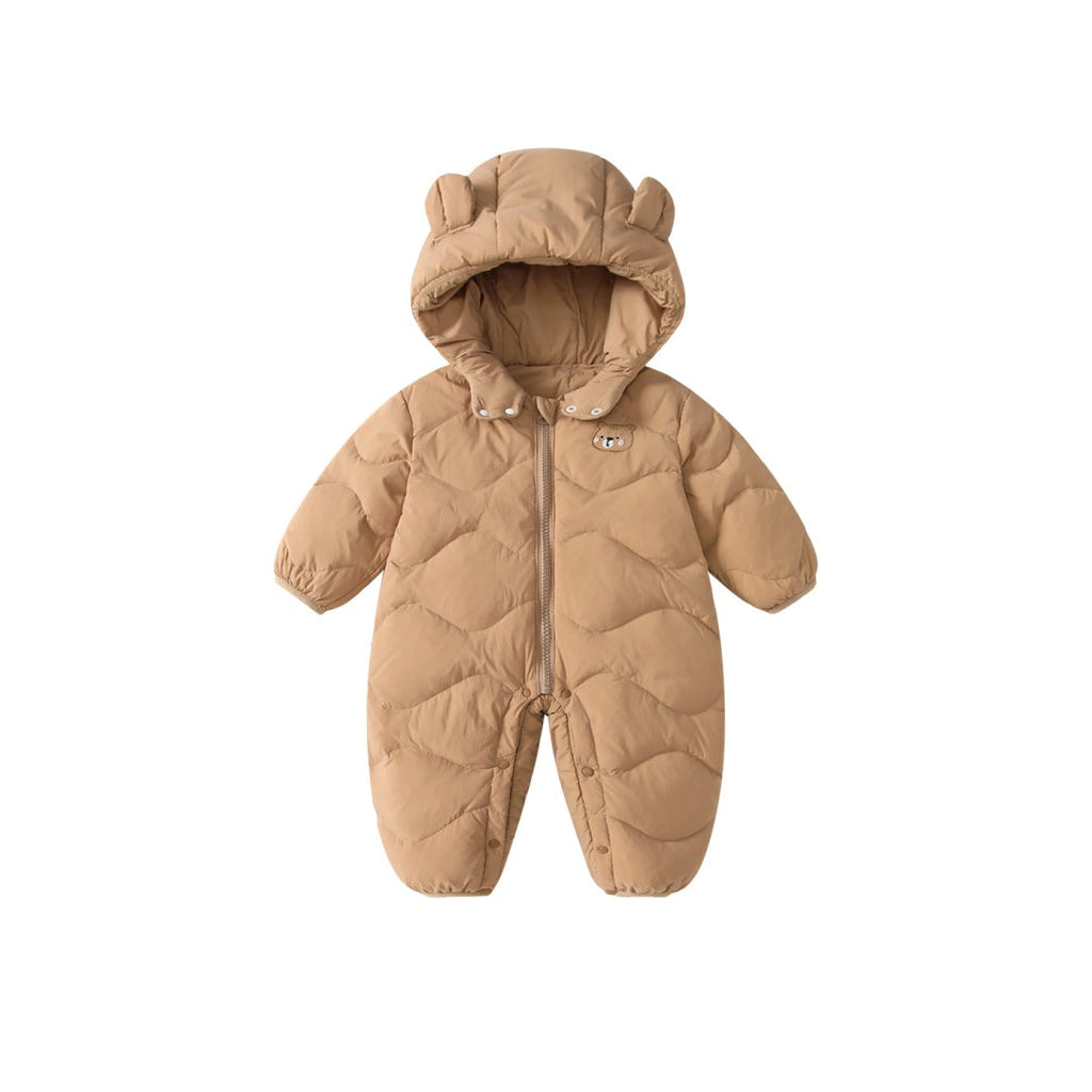 Baby Solid Color Cartoon Print Hooded Down Jumpsuit