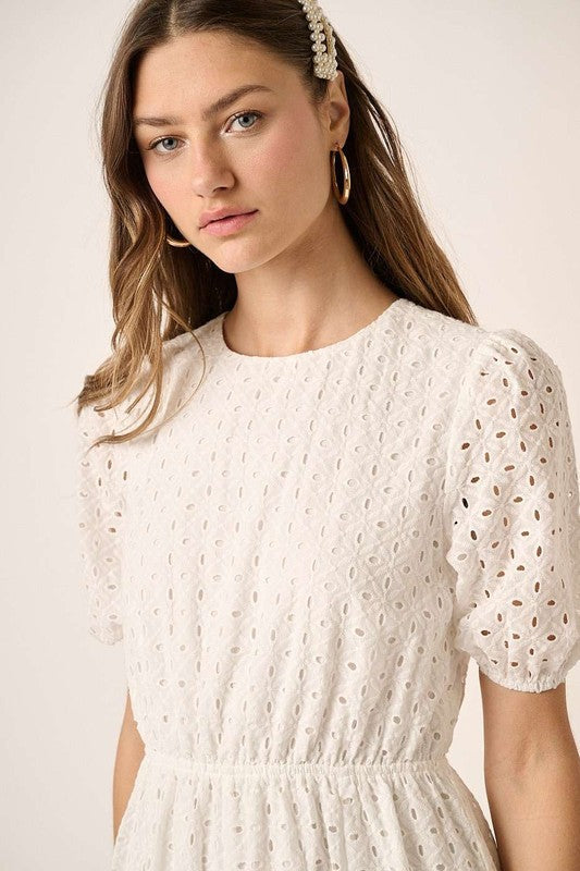 Eyelet Round Neck Puff Sleeve Mini Dress–Cute, Elegant, Feminine and Chic Mini Dress with Romantic Puff Sleeves and Delicate Eyelet Design