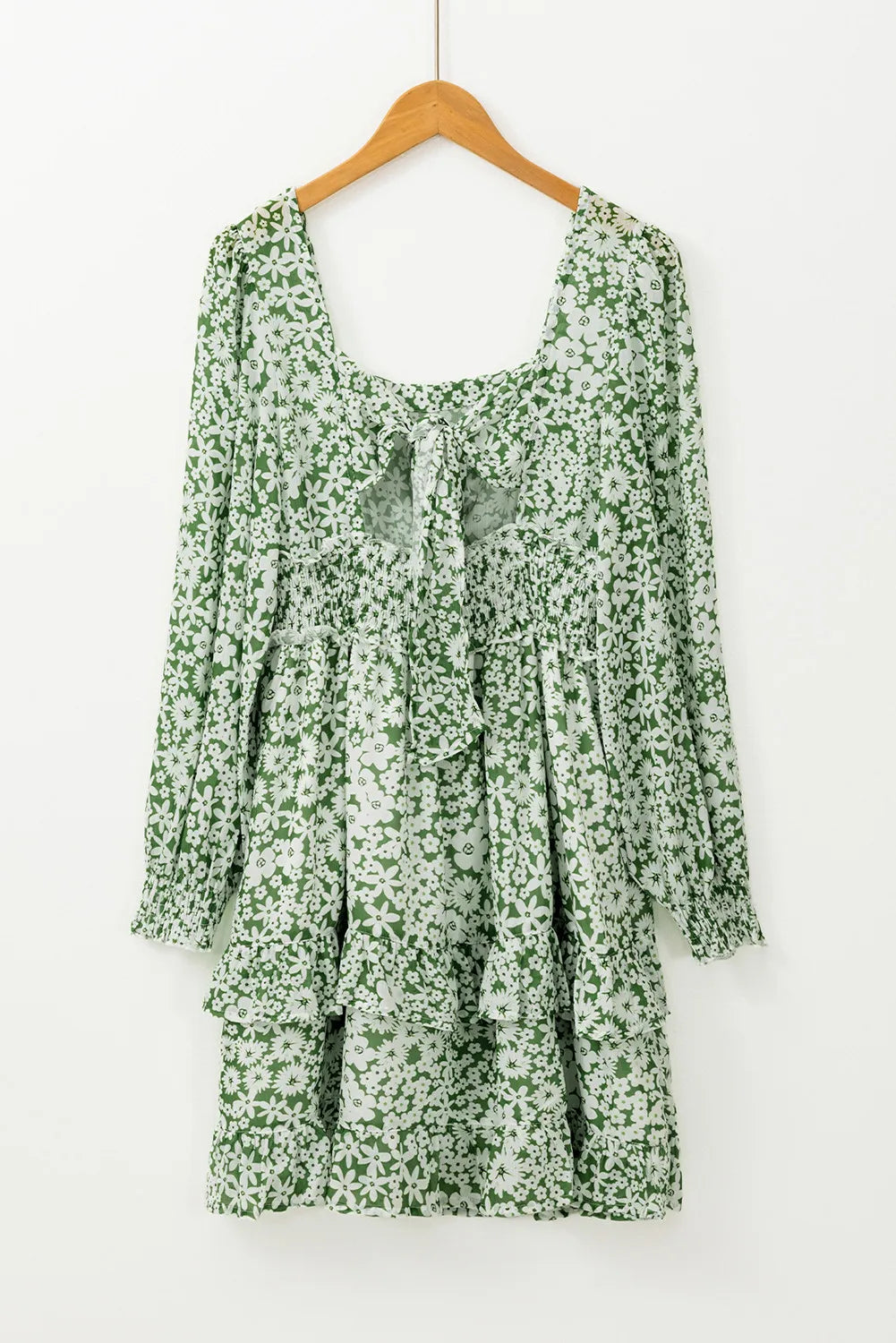 Elegant Ruffle Hem Floral Mini Dress Square Neck Long Sleeve Romantic Dress