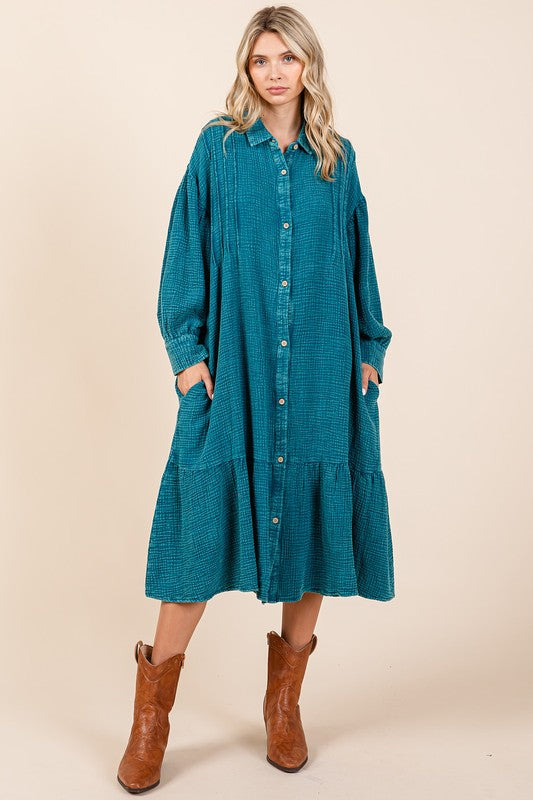 New Mineral Wash Cotton Gauze Ruffle Midi Shirt Dress For Women – Trendy, Chic, Casual & Feminine Design For Any Occasion