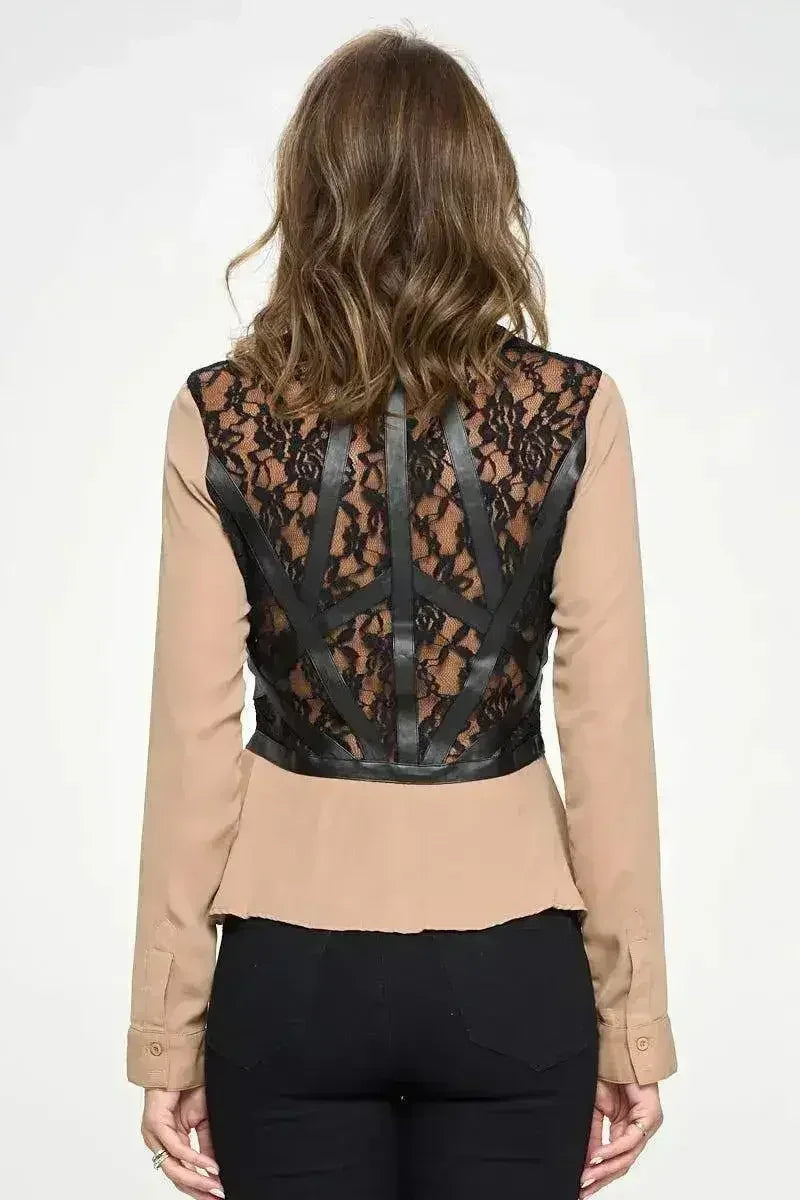 Chic Vegan Leather Peplum Blouse - Color Block Sheer Lace Top | Femstylo