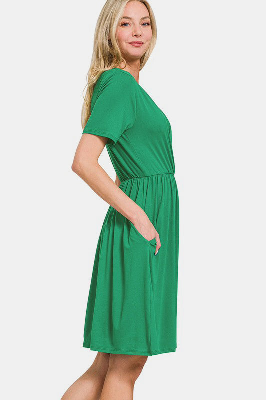 Surplice Short Sleeve Brushed DTY Dress – Elegant, Chic Surplice Neckline, Soft Brushed Fabric, Perfect for Day-to-Night Wear