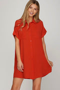 Deep Red Full Size Button-Down Short Sleeve Shirt Dress Plus Size Casual Women Simple Home Dress