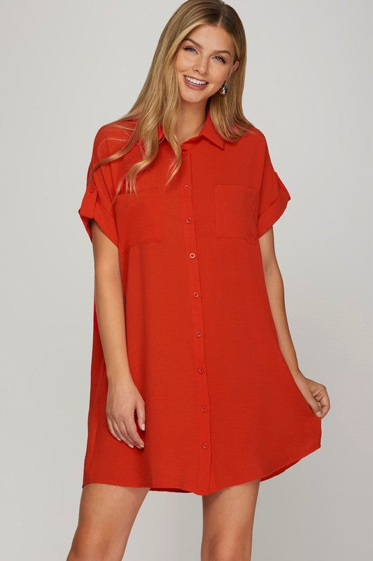 Deep Red Full Size Button-Down Short Sleeve Shirt Dress Plus Size Casual Women Simple Home Dress