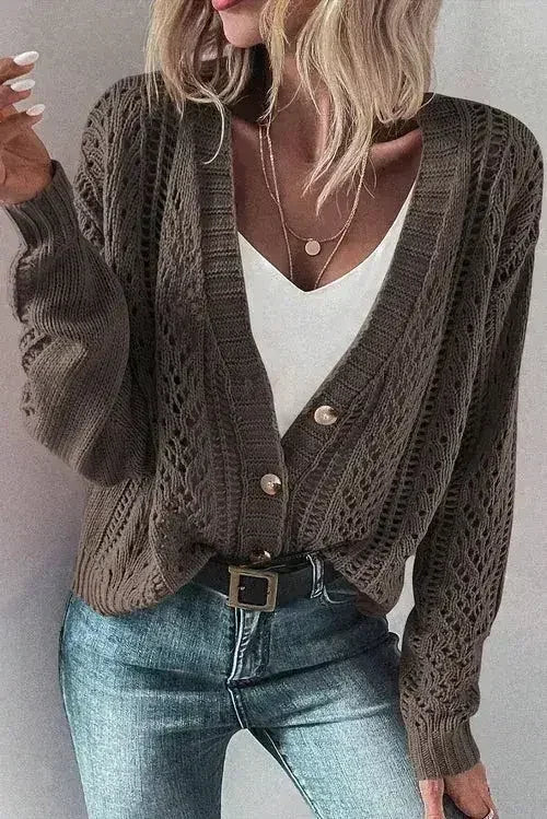 Dark Khaki Cardigan – Open Knit Drop Shoulder Sweater | Cotton-Acrylic Blend
