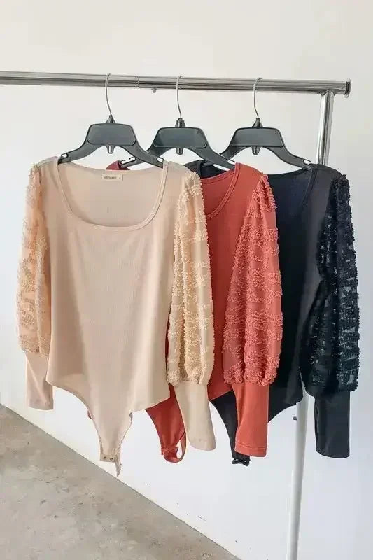 Textured Puff Sleeve Bodysuit | Lace Detail & Decorative Buttons - Femstylo