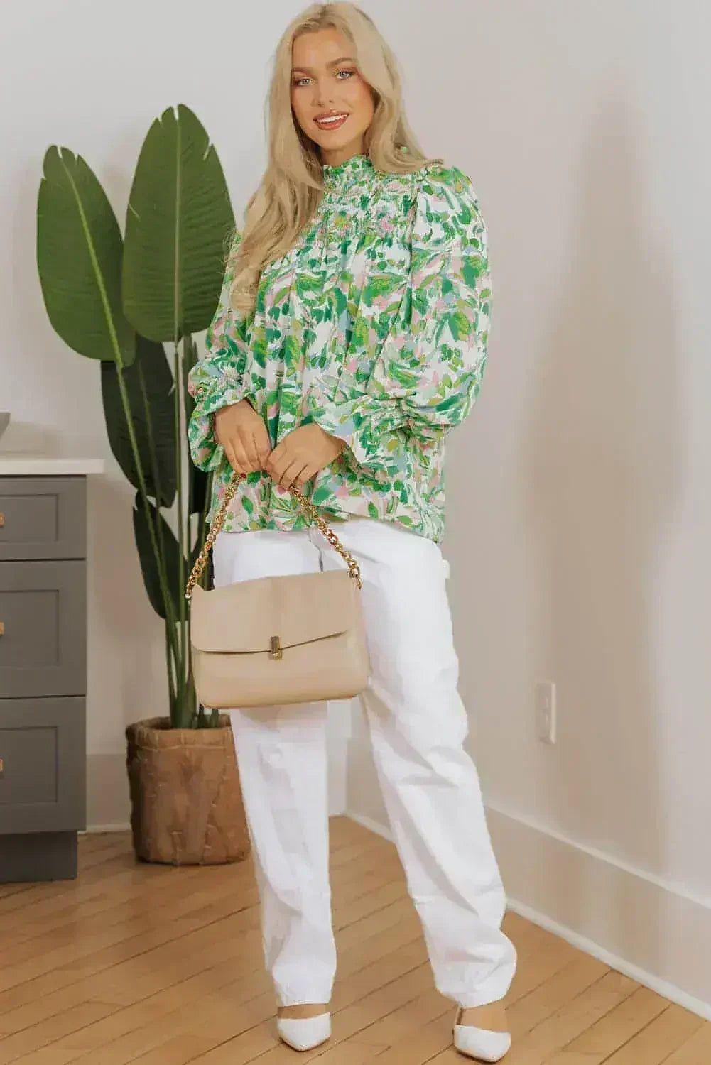 Leaf Print Flounce Sleeve Blouse - Botanical Top | Femstylo