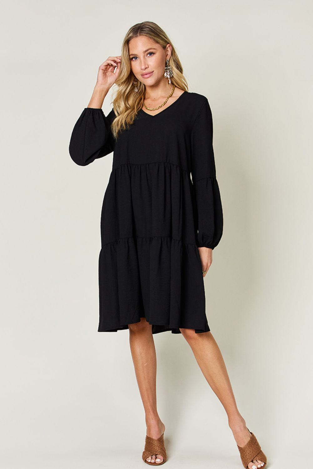 Light Green Double Take Full Size V-Neck Sleeve Tiered Dress with Pockets Elegant & Comfortable Casual Dress