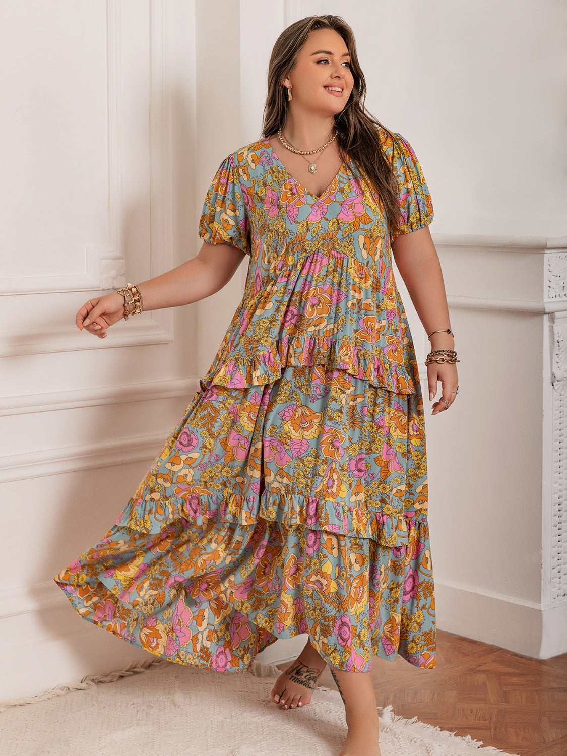Plus Size Printed V-Neck Short Sleeve Maxi Dress Elegant & Flowy Summer Dress For Girls