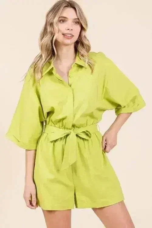 Tie Waist Romper - Half Sleeve Linen Blend Jumpsuit | Femstylo