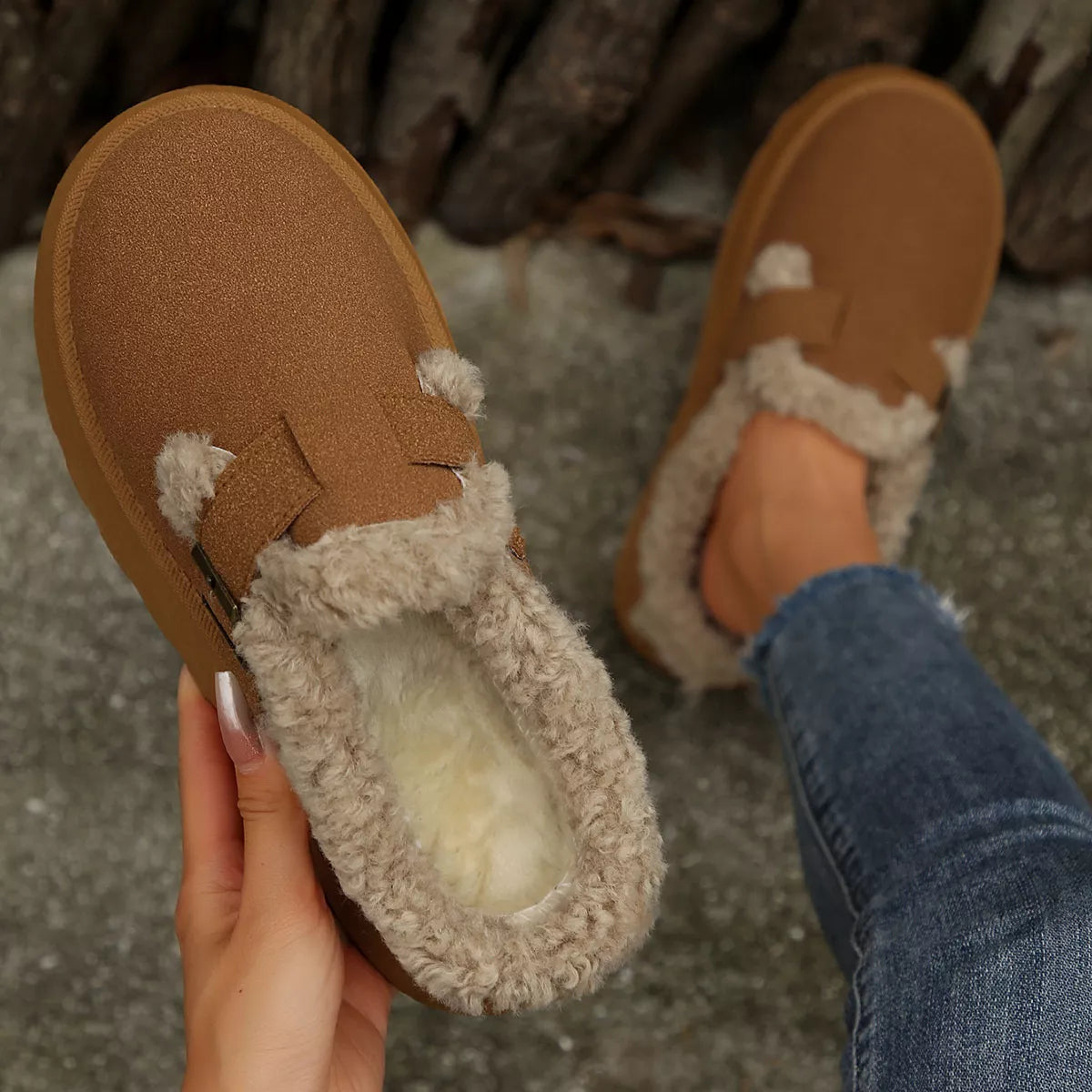 Fuzzy Trim Buckle Platform Slippers