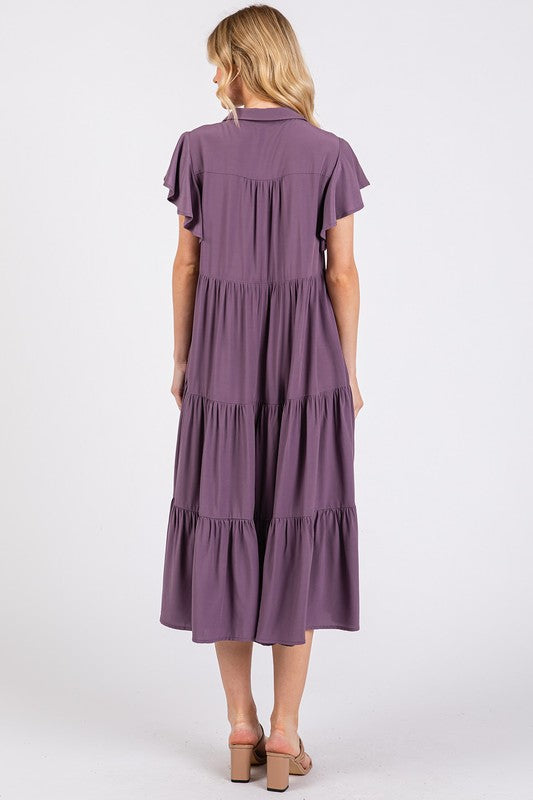 Ruffle Sleeve Collared V Neck Tiered Midi Dress For Women – Elegant and Feminine Dress with Ruffled Sleeves and Tiered Design