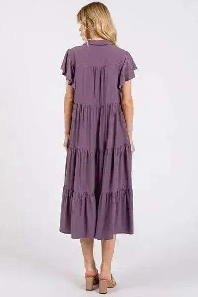 Ruffle Sleeve Collared Tiered V-Neck Midi Dress – femstylo