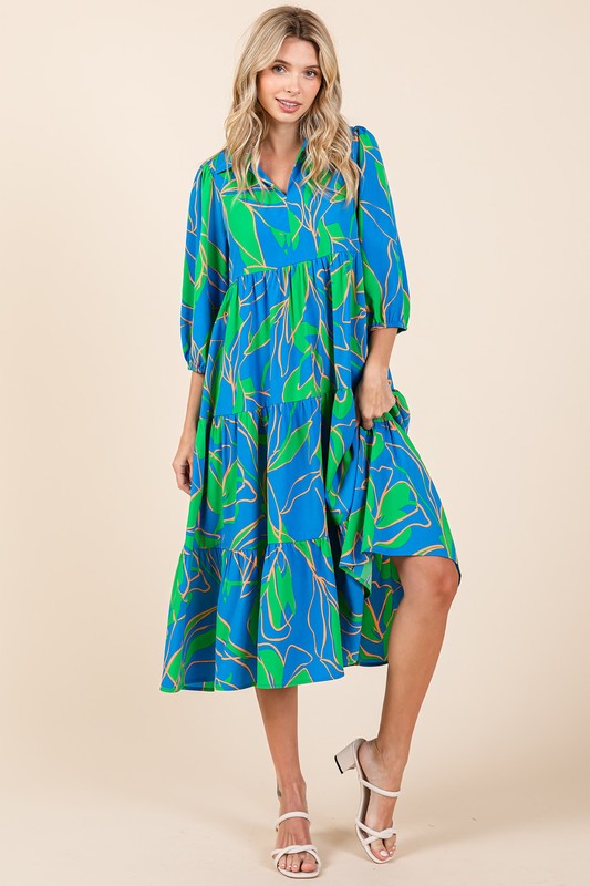 New Summer Tiered Printed Collared Neck Midi Dress – Chic and Sophisticated Midi Dress with Layered Design and Polished Collared Neckline