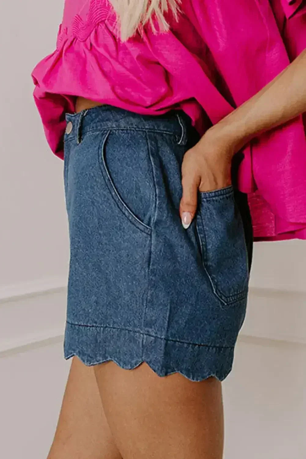 Sail Blue Scalloped Hemline Light Wash Denim Shorts