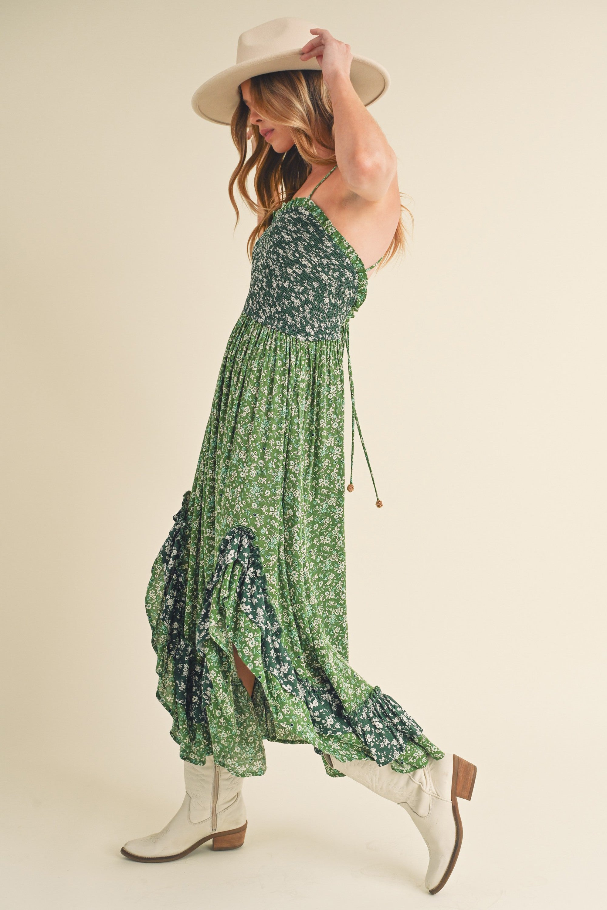 Ditsy Floral Ruffled Hem Maxi Cami Dress For Women –Romantic Floral Print, Flowy Maxi Length, Feminine & Elegant Design for Casual & Special Occasions
