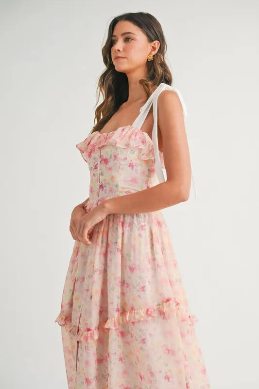 Floral Printed Shoulder Strap Midi Dress For Women – Floral Midi Dress, Shoulder Strap Dress, Ruffled Midi Dress, Feminine Floral Dress, Elegant Occasion Dress