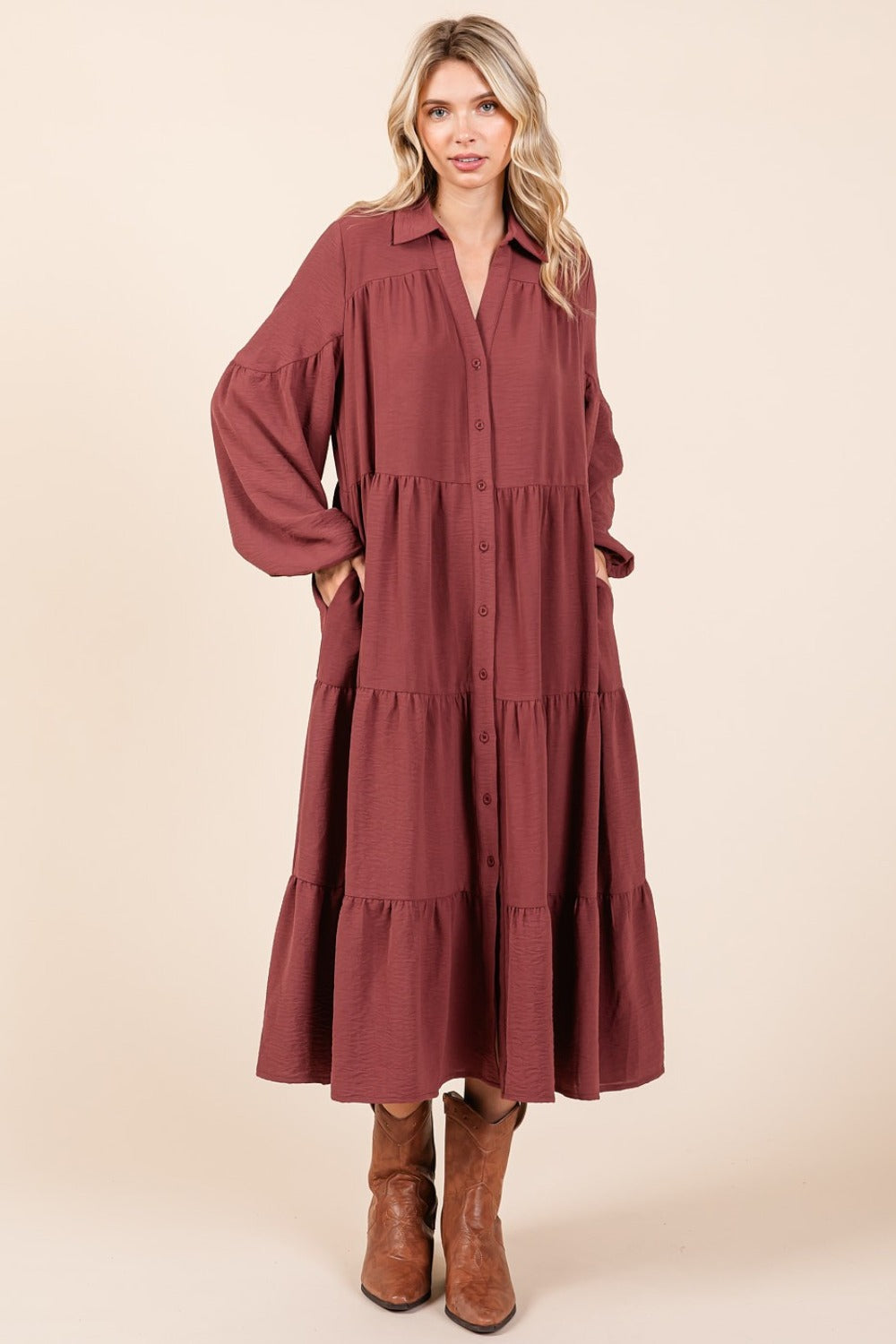 Tiered Button Down Long Sleeve Midi Dress For Women – Button Down Midi Dress, Long Sleeve Tiered Dress, Feminine Midi Dress, Button Front Dress, Elegant Long Sleeve Dress