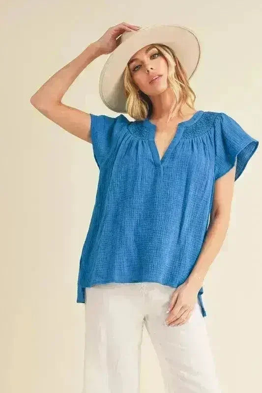 Embroidered Notched Blouse | Side Slit Short Sleeve Top - Femstylo