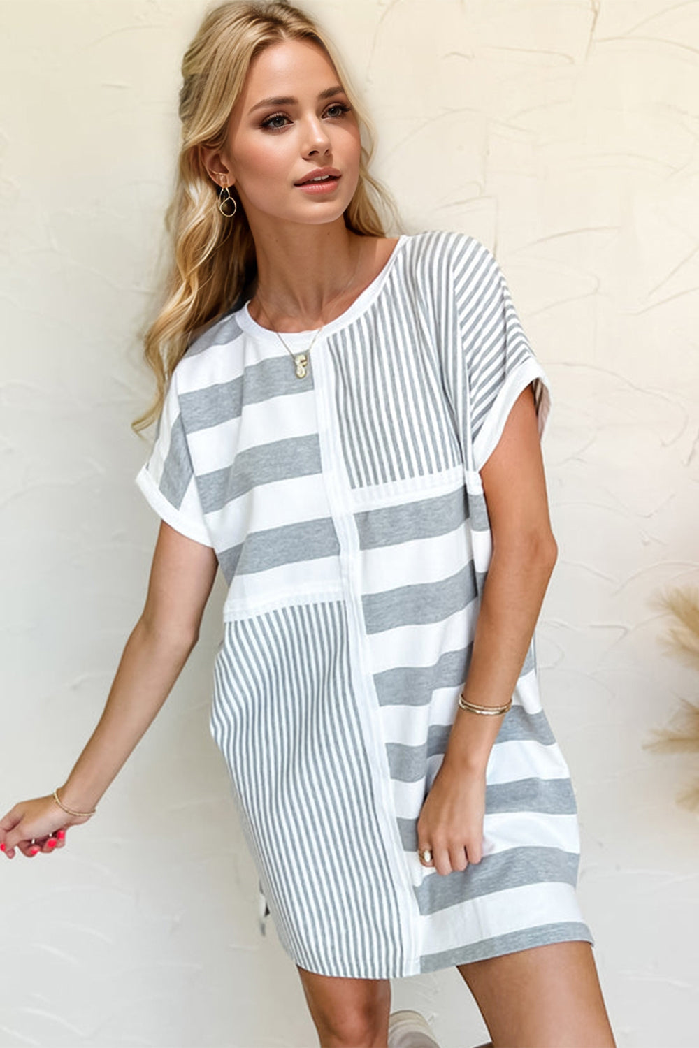 Gray Full Size Striped Round Neck Short Sleeve Mini Tee Dress Casual & Everyday Wear