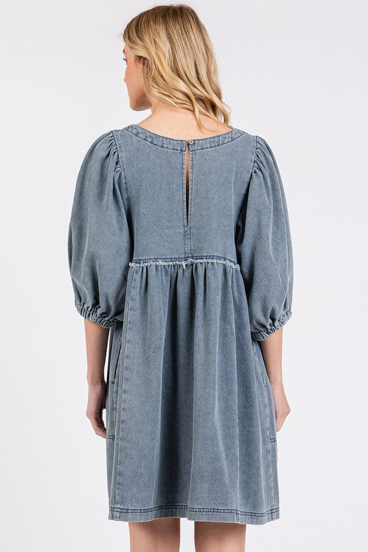 Washed Round Neck Puff Sleeve Denim Dress – Casual, Vintage-Inspired, Comfortable & Chic, Effortlessly Stylish, Classic Denim Dress