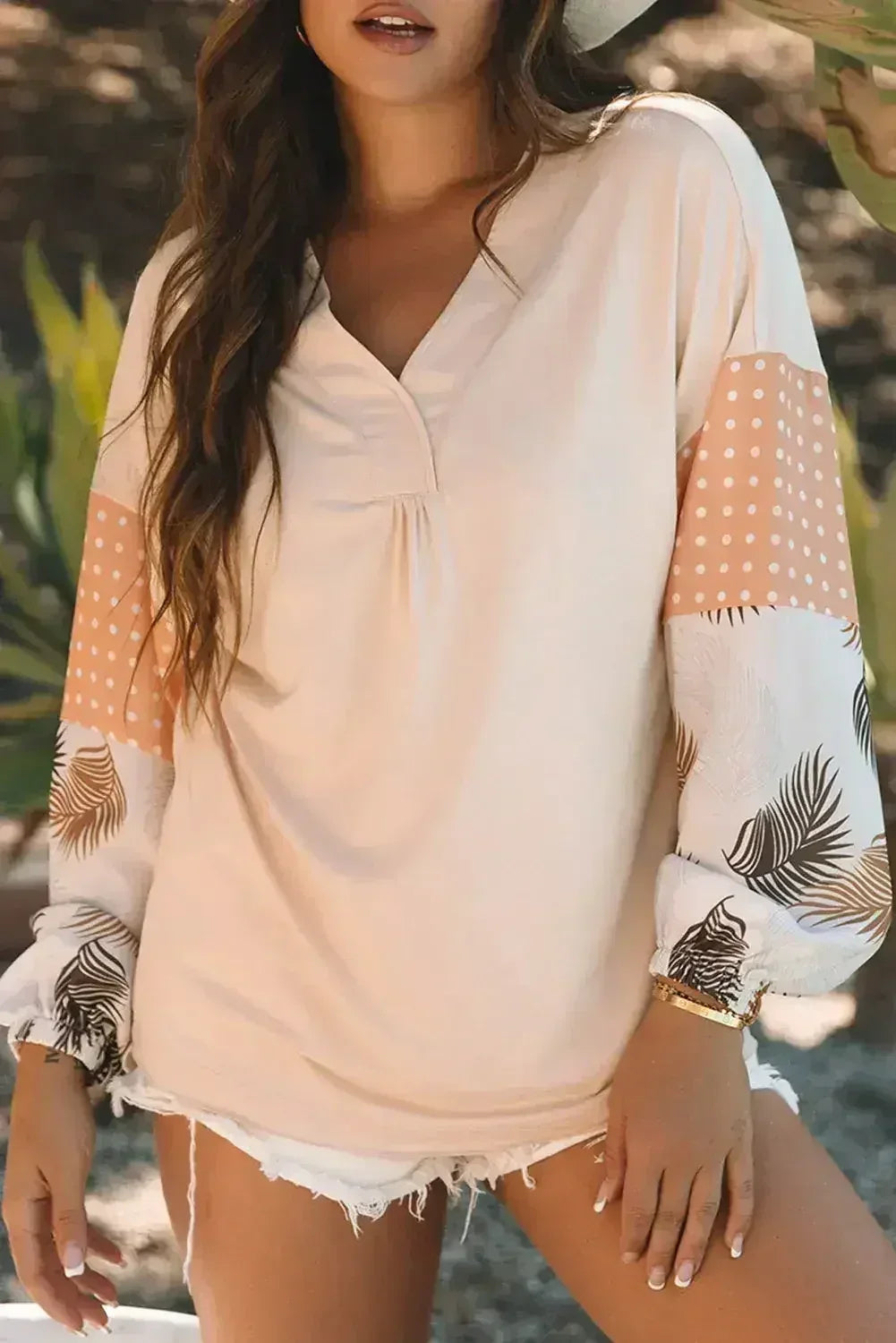 Puff Sleeve Patchwork Blouse - Tropical Print Top | Femstylo