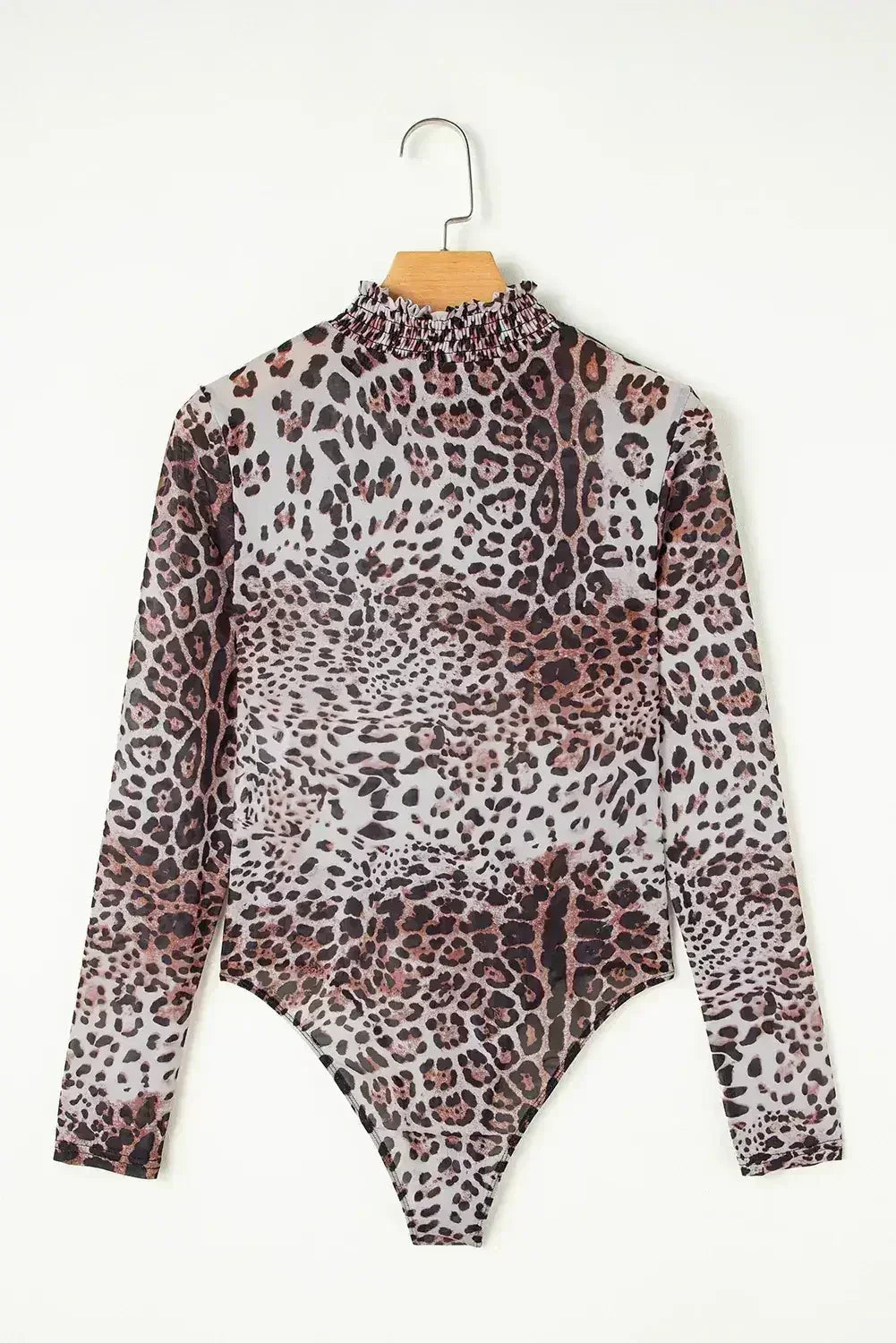 Brown Leopard Print Mesh Bodysuit Smocked Neck - Femstylo