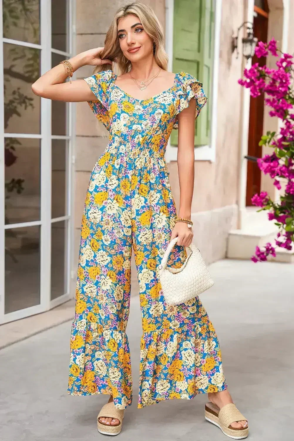 Yellow Floral Allover Print Shirred Cut Out High Waist Jumpsuit